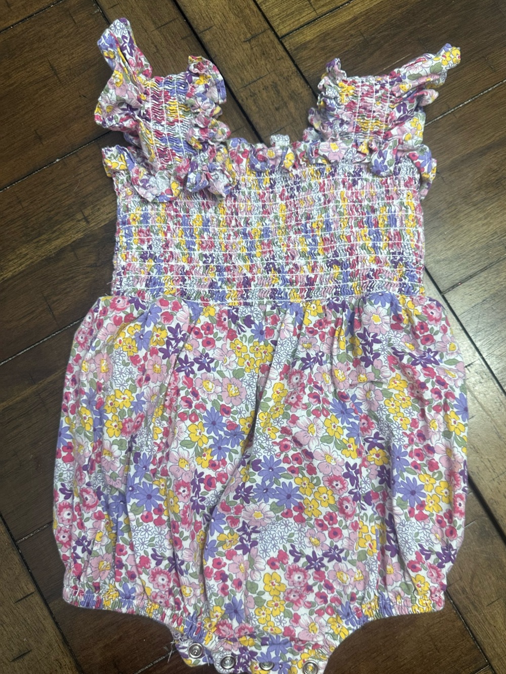 Girls Floral Smocked One-Piece Dress - Pink, Purple & Yellow